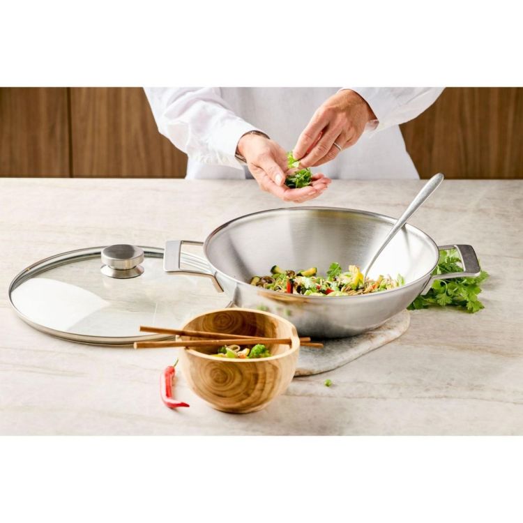 Demeyere Industry 5 Wok 30cm met 2 grepen en gratis deksel (Inox) - Panache (Koksijde)