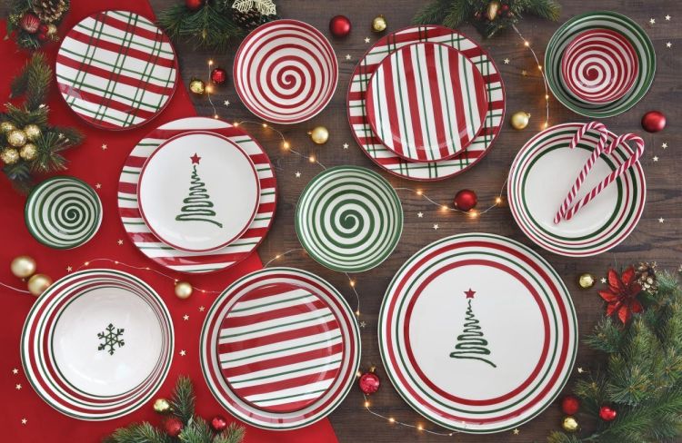 Easy Life Serveerbord strepen en kerstboom Ø33cm (Groen/Rood) - Panache (Koksijde)
