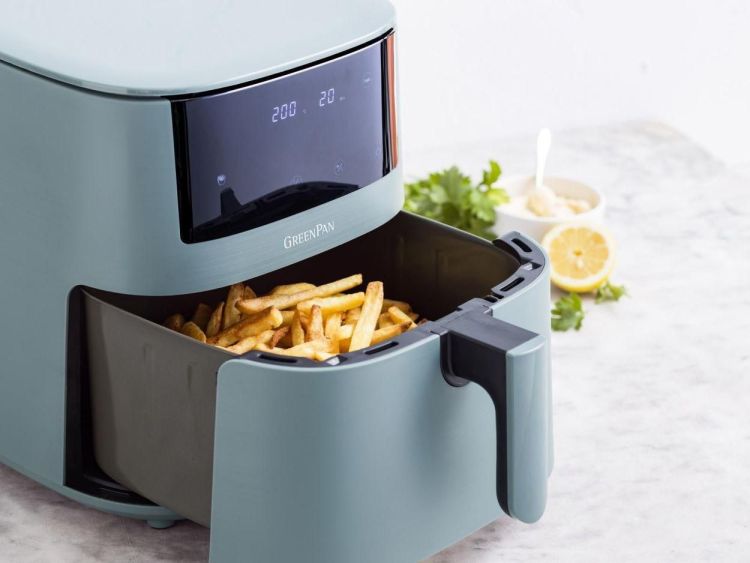 GreenPan Bistro XXL Airfryer 7,2L + Sandra Bekkari Snelle & Gezonde airfryer-recepten (Smokey Blue) - Panache (Koksijde)