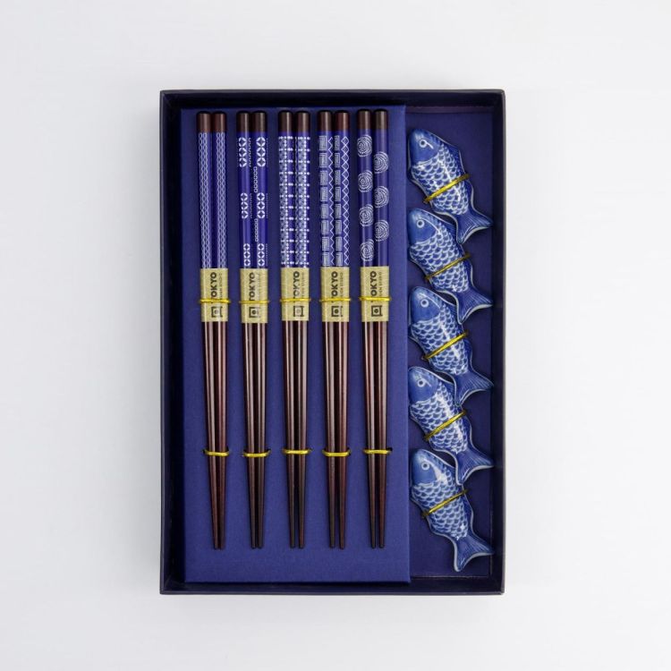 Tokyo Design Studio Chopsticks Fish 5 paar + houders (Blauw) - Panache (Koksijde)