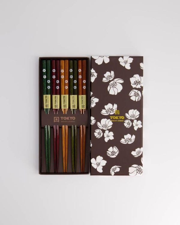 Tokyo Design Studio Chopsticks Wooden Black White Flower 5 paar (Multi) - Panache (Koksijde)